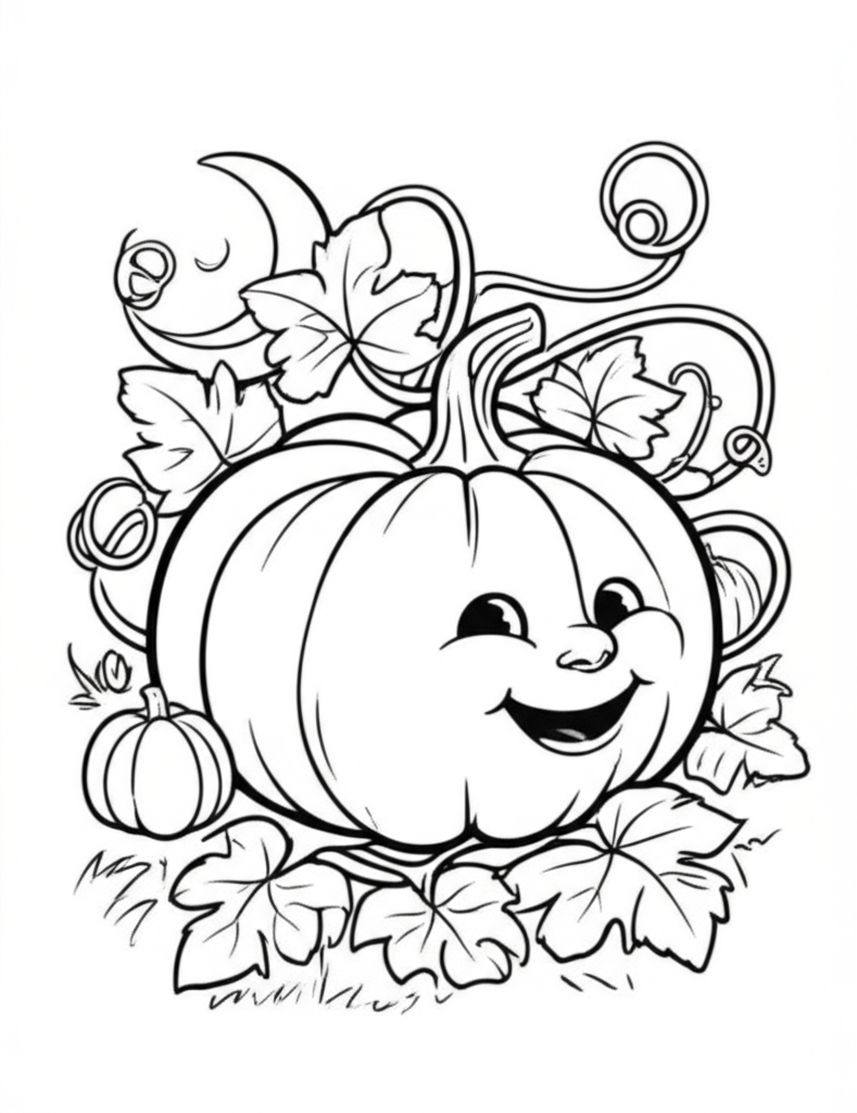 Black and white coloring page of a cheerful cartoon pumpkin with vines, leaves, and a crescent moon for children