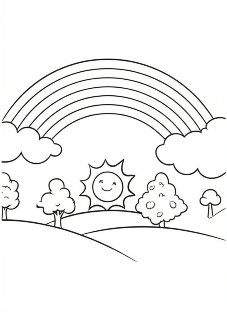 Black and white coloring page of a cheerful rainbow, fluffy clouds, rolling hills, and a smiling sun for young children