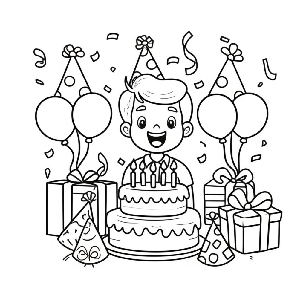 Black and white coloring page of a joyful child blowing out candles on a layered birthday cake, surrounded by balloons, presents, and streamers