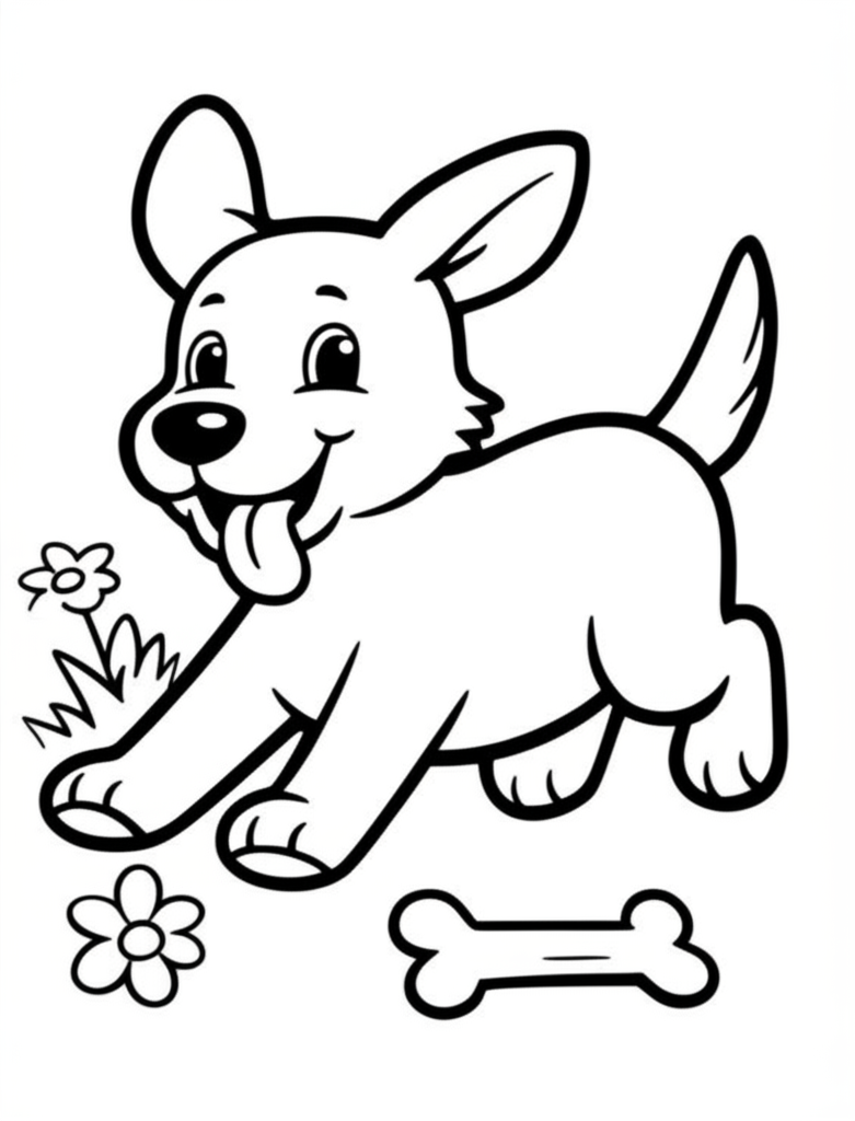 Black and white coloring page of a happy dog running through grass with flowers and a bone nearby