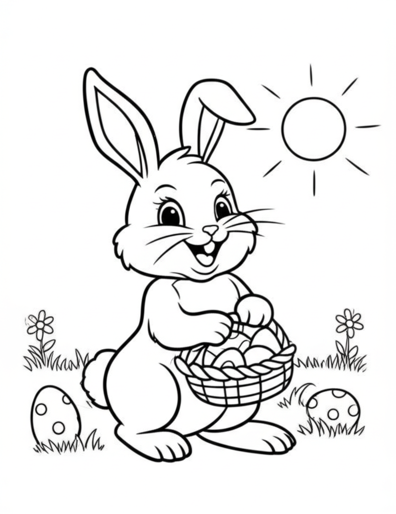 Black and white coloring page of a cheerful Easter bunny holding a basket of colorful eggs in a grassy field with flowers and sun