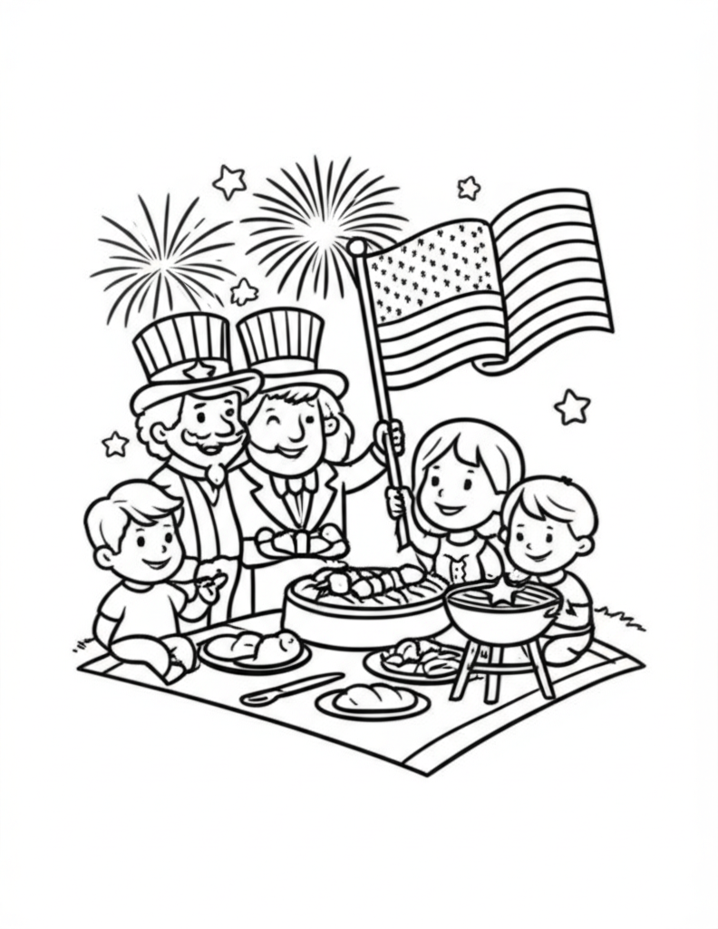 Black and white coloring page of a festive 4th of July scene with a family picnic, Uncle Sam, American flag, and fireworks