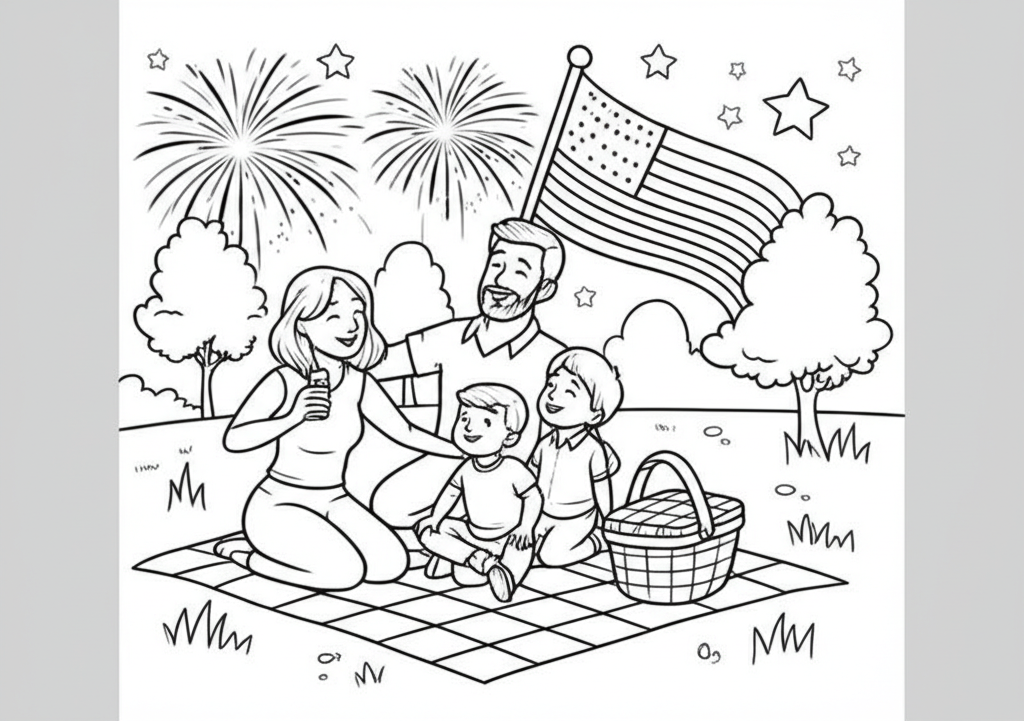 Black and white coloring page of a happy family having a 4th of July picnic under a starry sky with fireworks and an American flag.
