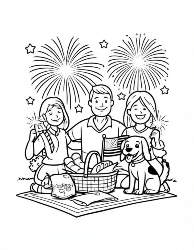 Black and white coloring page of a happy family celebrating 4th of July with a picnic, fireworks, and a dog