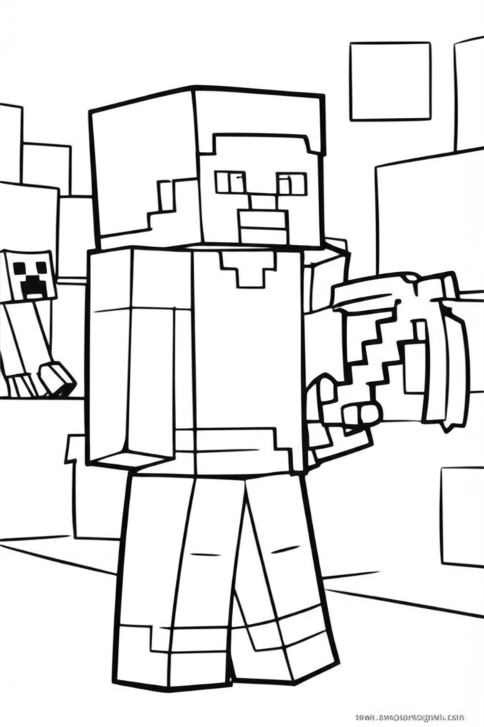 A cheerful Minecraft character holding a diamond pickaxe in a blocky landscape with trees and a hiding creeper