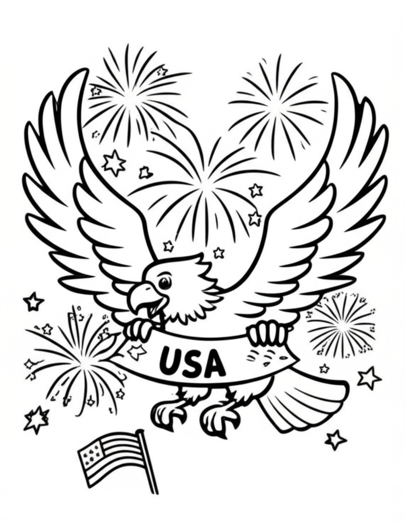A festive 4th of July coloring page featuring a proud cartoon eagle holding a USA banner, surrounded by fireworks and stars