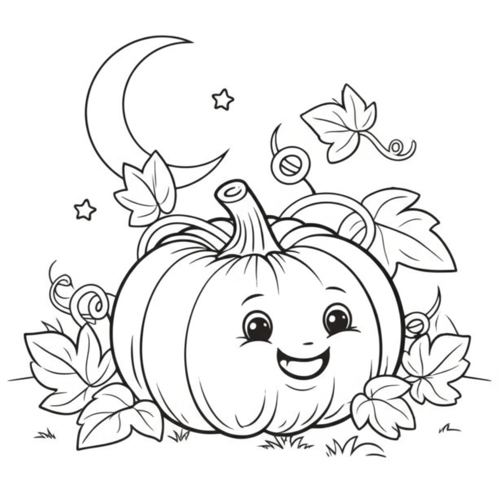 Black and white coloring page of a cheerful pumpkin with a friendly face, sitting in a field under a crescent moon with simple vines, leaves, and stars