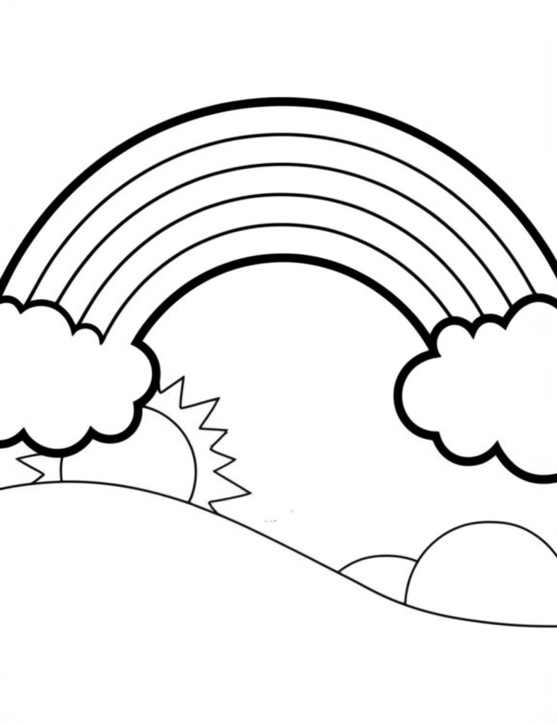 Black and white coloring page of a happy rainbow arching over smooth hills, with a cheerful sun and fluffy clouds