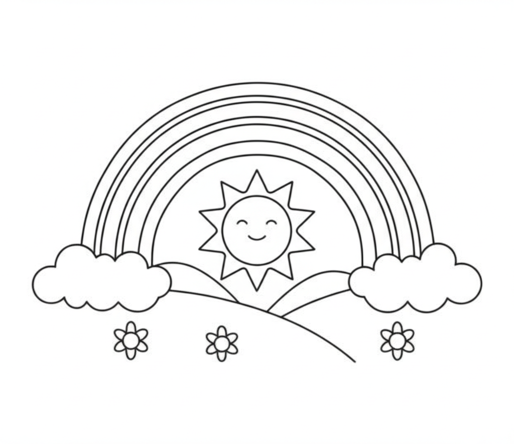 Line art coloring page of a cheerful rainbow arching over simple rolling hills with a smiling sun and flowers