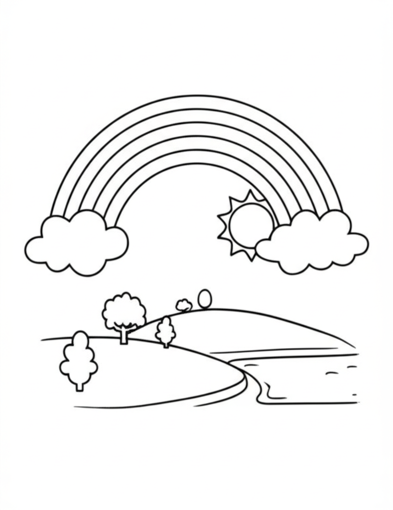 A cheerful rainbow arching over simple rolling hills with a smiling sun and fluffy clouds