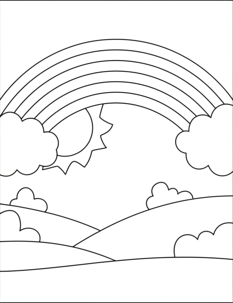 Black and white coloring page of a cheerful rainbow, smiling sun, fluffy clouds, and rolling hills
