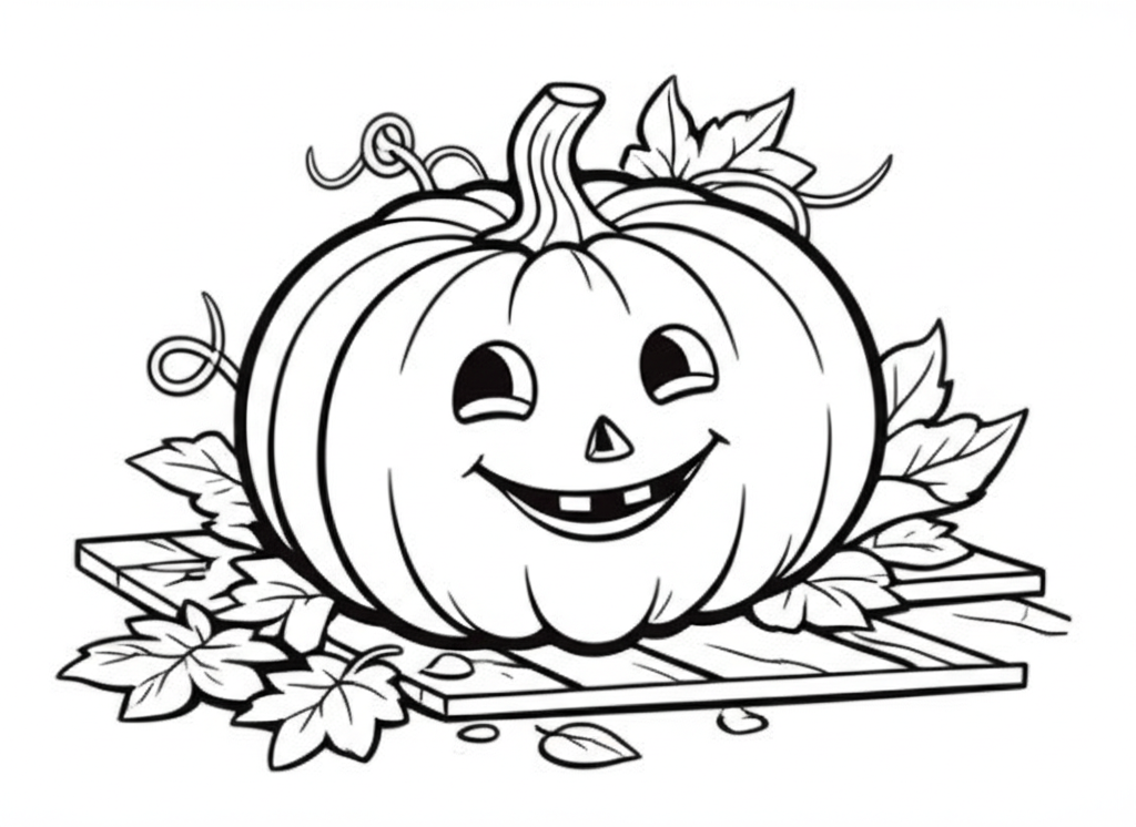 A cheerful cartoon pumpkin with a friendly carved face sitting on a wooden porch surrounded by autumn leaves and simple vines, ready for coloring