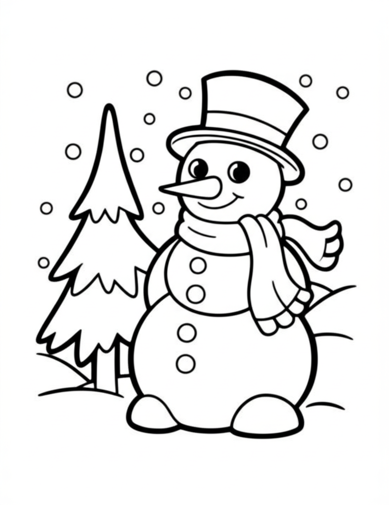 Black and white coloring page of a happy snowman wearing a scarf and top hat, standing next to a small pine tree with falling snowflakes in a cozy winter scene