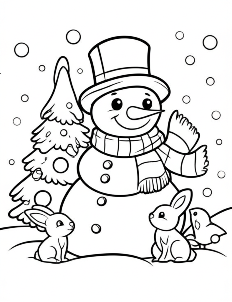 Black and white coloring page of a happy snowman with a scarf and top hat standing beside a decorated pine tree, with snowflakes and small animals around