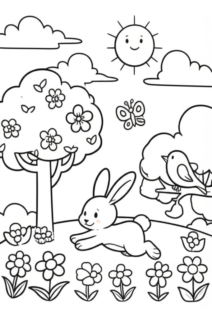 Black and white cartoon coloring page of a cheerful spring scene with sun, clouds, tree, flowers, rabbit, butterfly, and bird