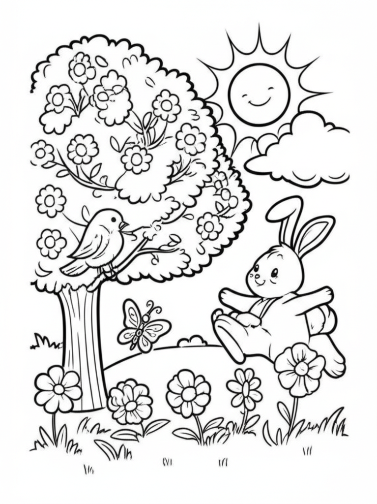 Black and white coloring page of a cheerful spring scene with a smiling sun, fluffy clouds, a blooming tree, flowers, a hopping rabbit, a butterfly, and a bird on a branch