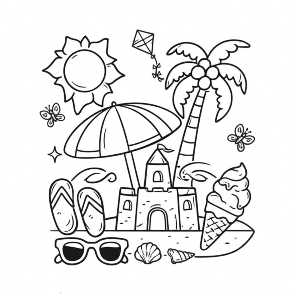 Black and white line art of a cheerful summer beach scene with palm trees, umbrella, sandcastle, and ice cream for coloring