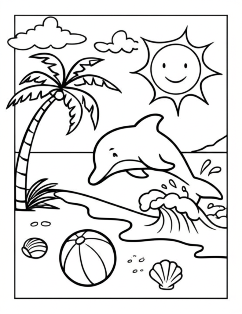 Black and white cartoon coloring page of a cheerful sun, dolphin jumping out of waves, palm tree, seashells, and beach ball on a sandy shore