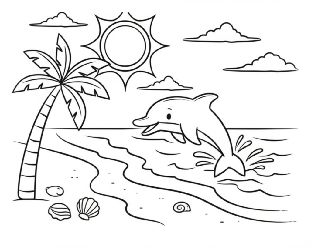 Black and white coloring page of a cheerful sun, sandy beach, playful dolphin, and palm tree