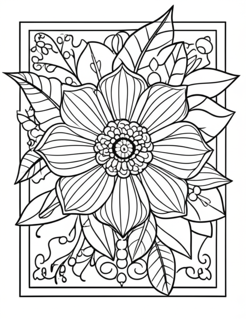 Black and white coloring page of a detailed flower surrounded by leaves, vines, and a garden border