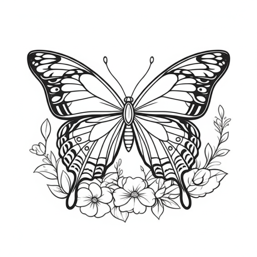 Black-and-white line art of a detailed butterfly surrounded by flowers and leaves for coloring