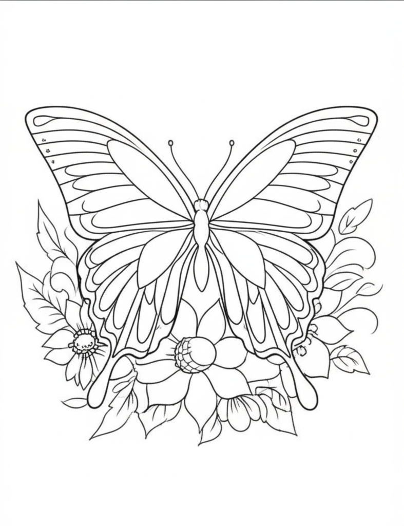 Black and white coloring page featuring an intricate butterfly with detailed wings surrounded by flowers and leaves