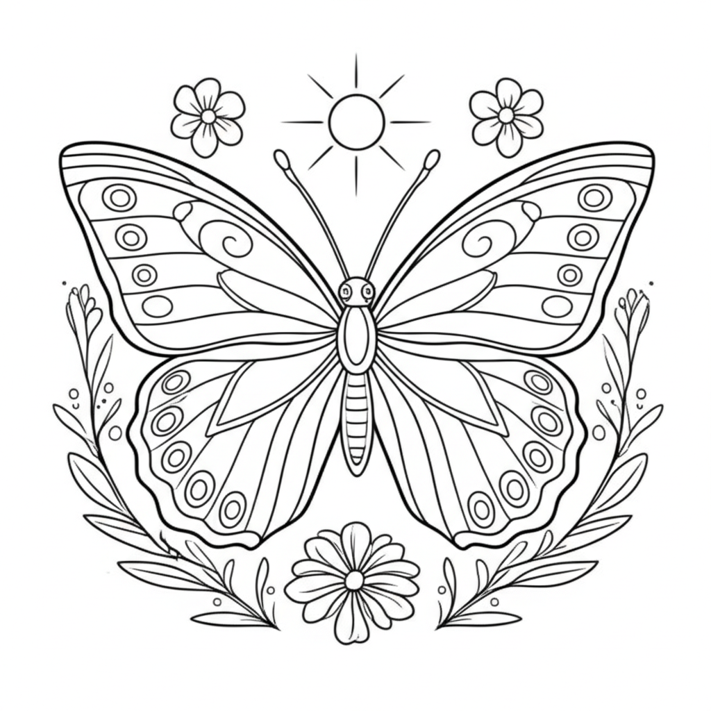 A beautifully detailed butterfly with intricate wing patterns surrounded by flowers and leaves on a white background for coloring