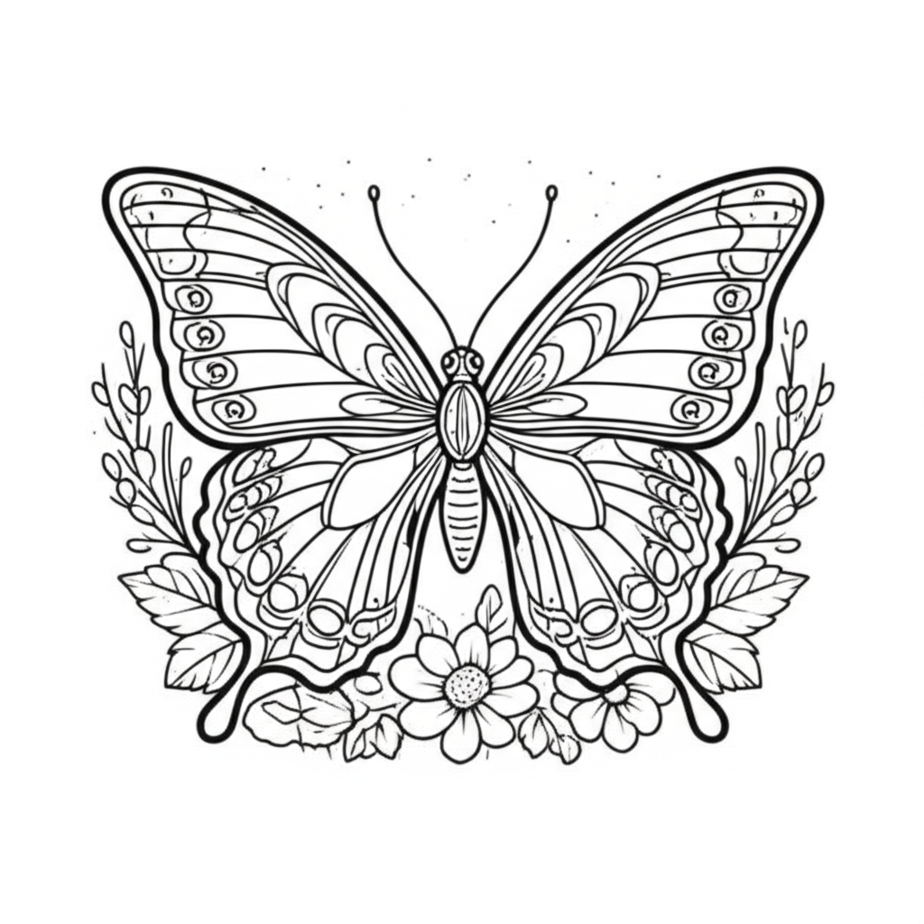 Detailed outline of a butterfly with intricate wing patterns, surrounded by flowers and leaves for coloring