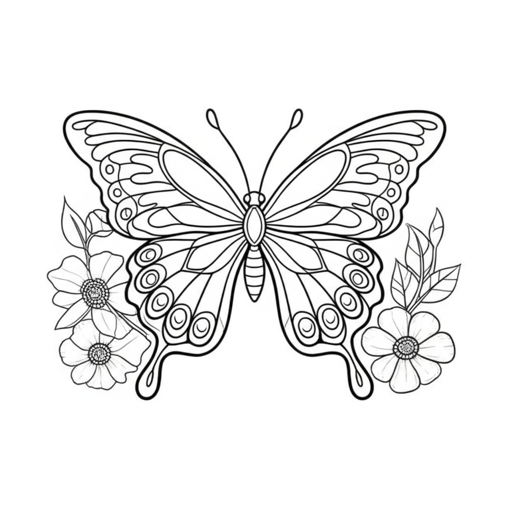 A detailed butterfly coloring page with intricate wing patterns, surrounded by flowers, leaves, and a sunny sky for kids and adults to enjoy.