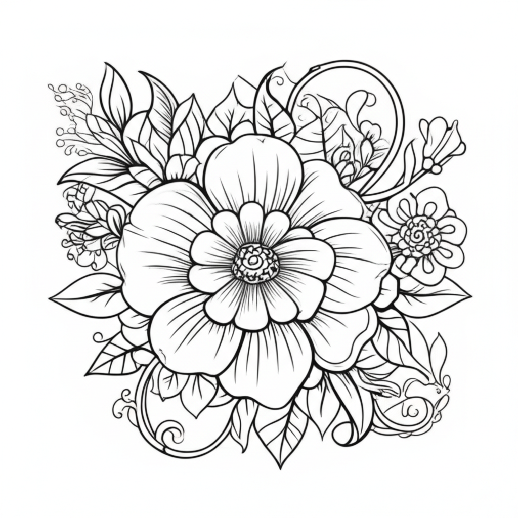 Black-and-white line art of a detailed flower with leaves and vines for coloring