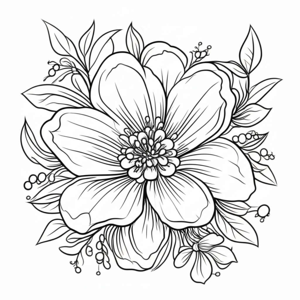 Black and white line art coloring page featuring an intricate elegant flower surrounded by leaves and vines
