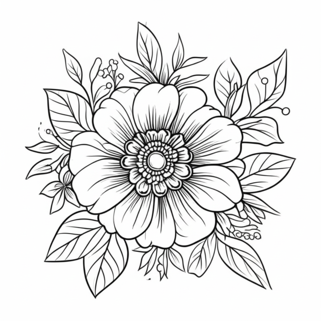 Detailed black-and-white line art of an intricate flower with leaves and vines for coloring