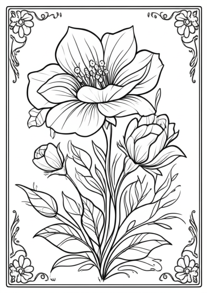 Black-and-white line art of a detailed flower with intricate petals, leaves, and decorative vine border for coloring