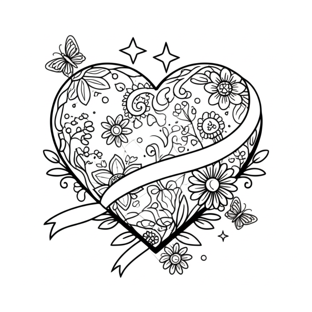 Detailed black and white coloring page of a heart with floral patterns, vines, butterflies, stars, and a flowing ribbon