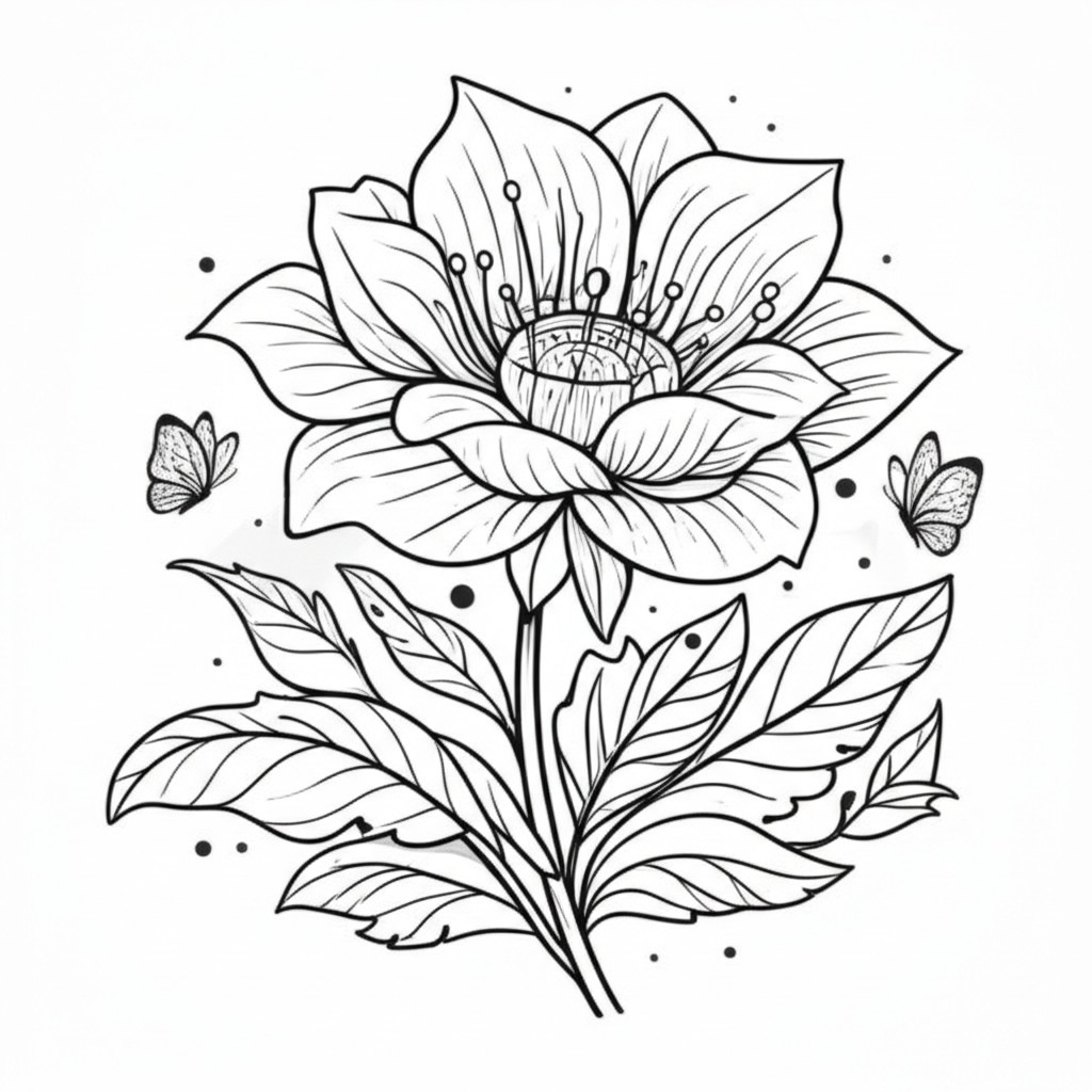 A detailed black-and-white line art of a beautiful flower with intricate petals, leaves, stem, and decorative butterflies in a garden setting for coloring