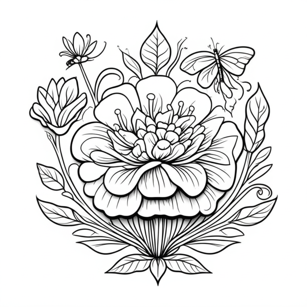 Black and white line art of a detailed flower surrounded by leaves, vines, and butterflies for coloring