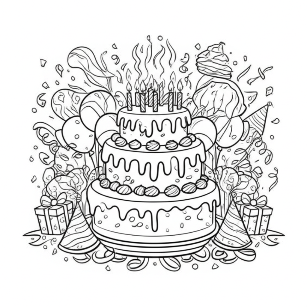 Detailed black-and-white line art coloring page featuring a festive Happy Birthday theme with an ornate multi-tiered cake, candles, balloons, presents, and party decorations