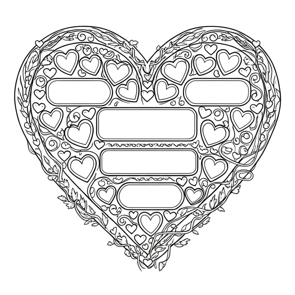 Detailed line art of a large ornate heart surrounded by smaller hearts, vines, and intricate patterns for adult coloring
