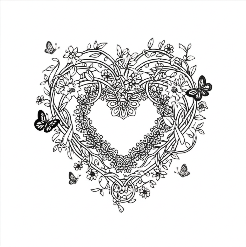Detailed black and white line art of a lace heart surrounded by floral vines and butterflies for adult coloring