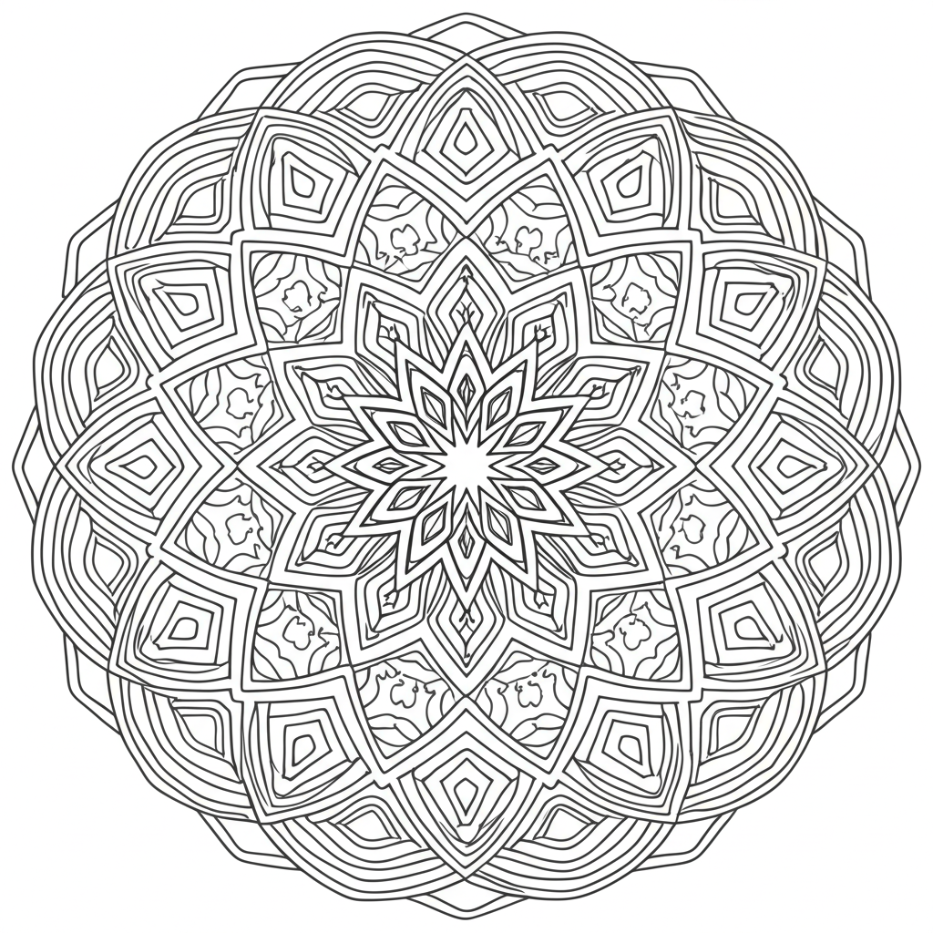 Detailed mandala coloring page featuring intricate geometric patterns and symmetrical designs for relaxation and creativity