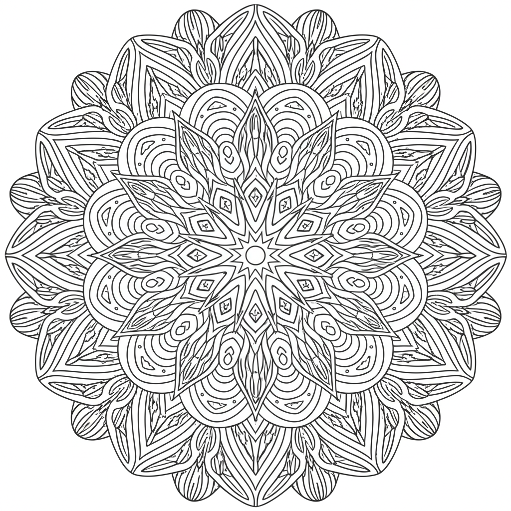 Detailed mandala coloring page featuring symmetrical patterns, floral designs, and geometric shapes for relaxation