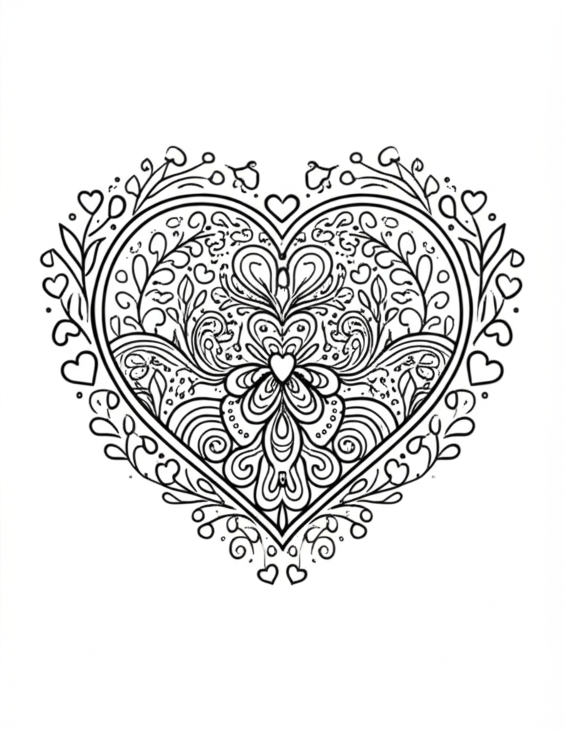 Detailed black-and-white mandala heart surrounded by vines, flowers, and small hearts for adult coloring