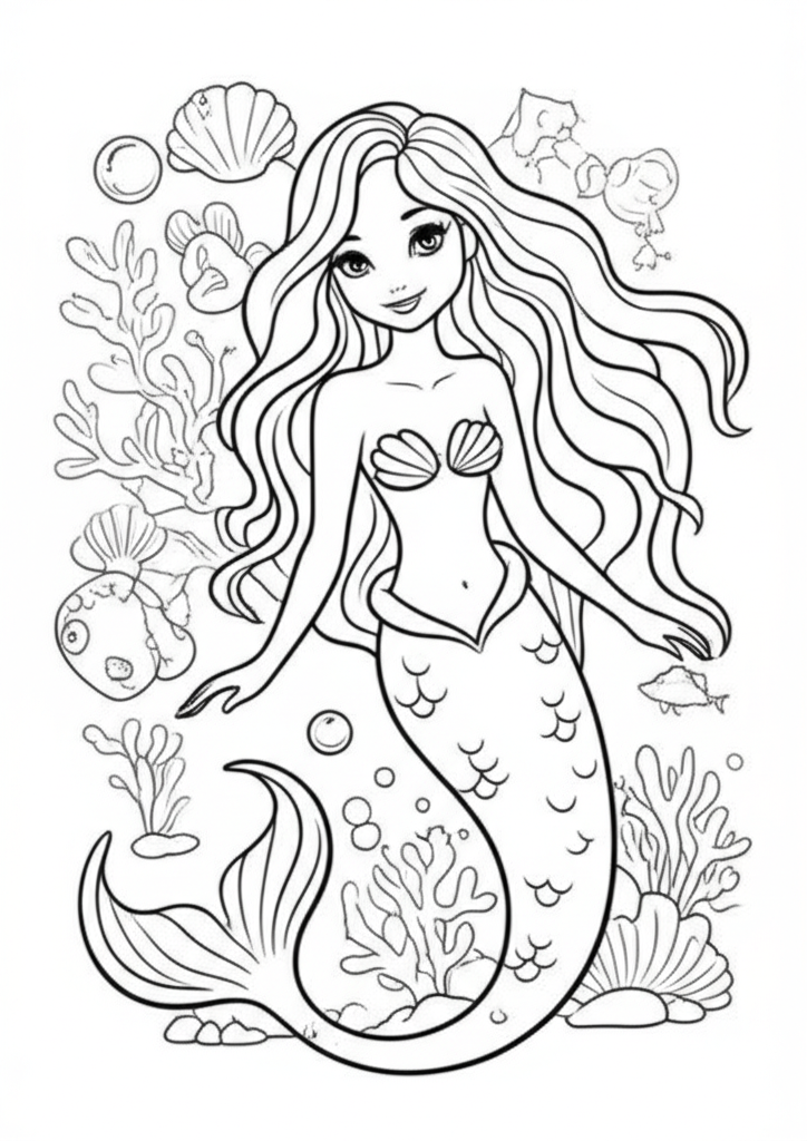Black-and-white line art of a detailed mermaid surrounded by coral, seashells, fish, and bubbles for coloring