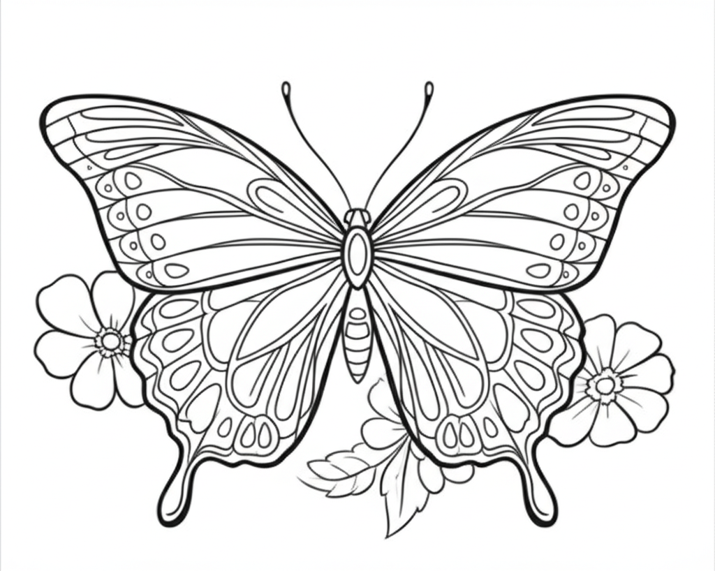 Black-and-white outline drawing of a detailed symmetrical butterfly surrounded by flowers and leaves for coloring