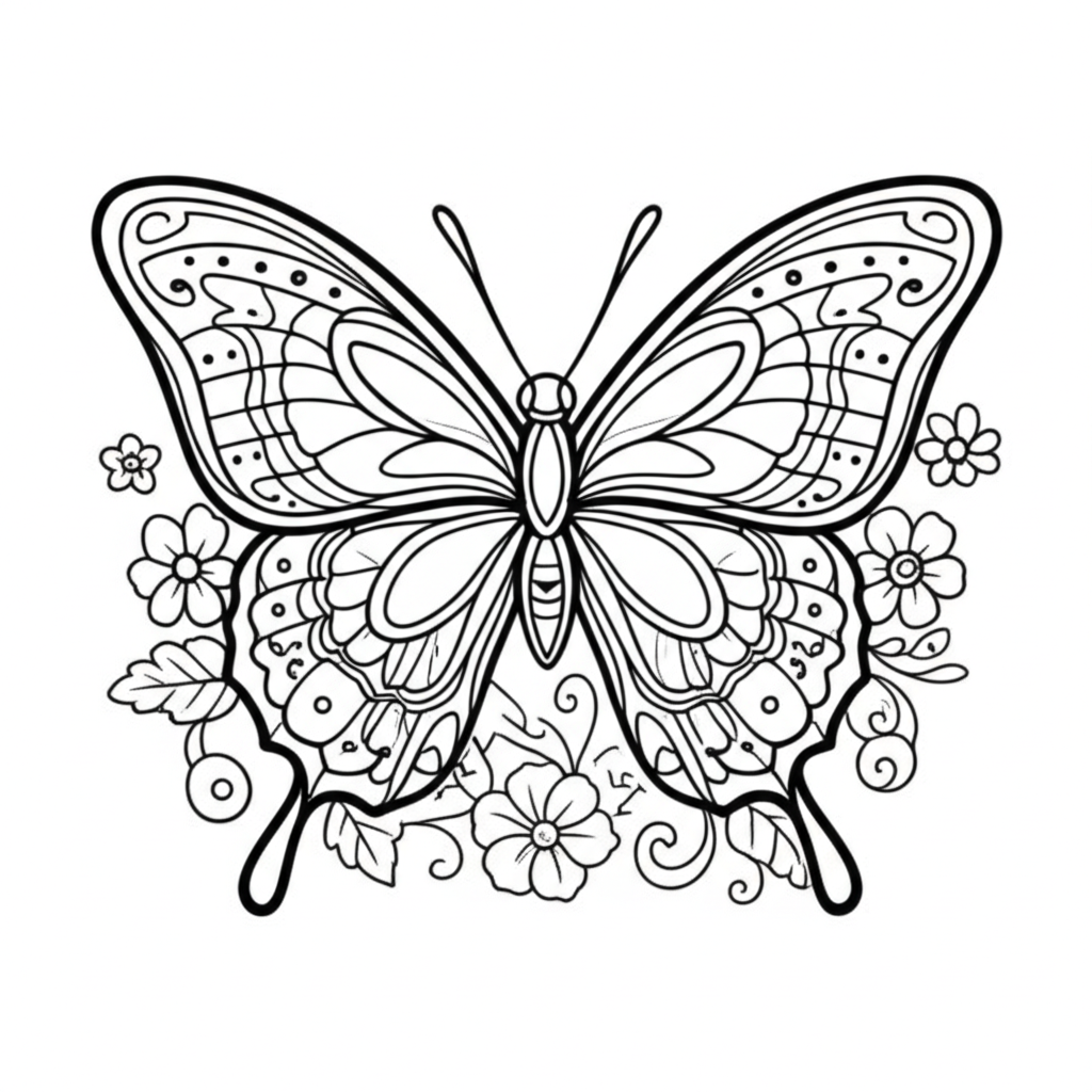 Black-and-white detailed butterfly coloring page with symmetrical patterns, flowers, and leaves