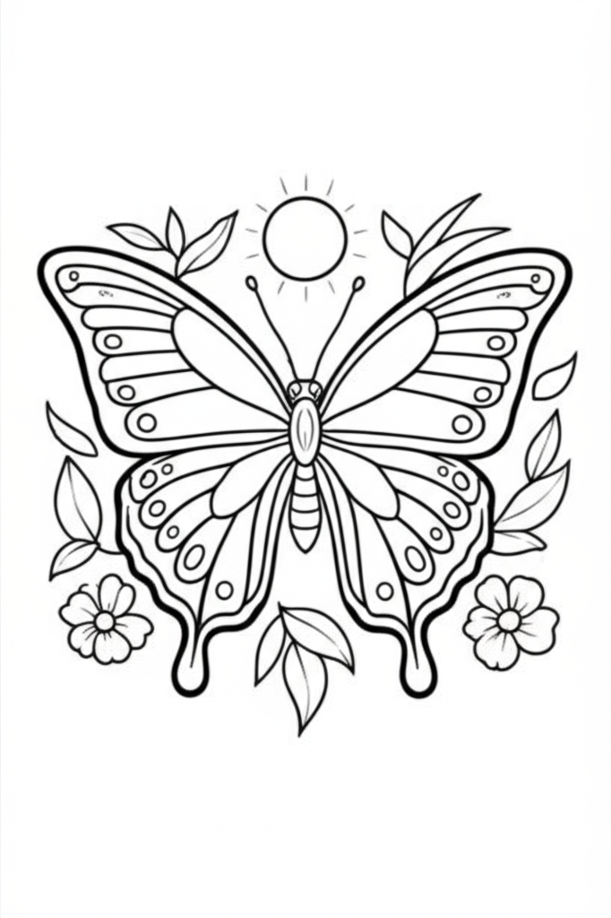 Black-and-white coloring page of a detailed symmetrical butterfly surrounded by flowers and leaves