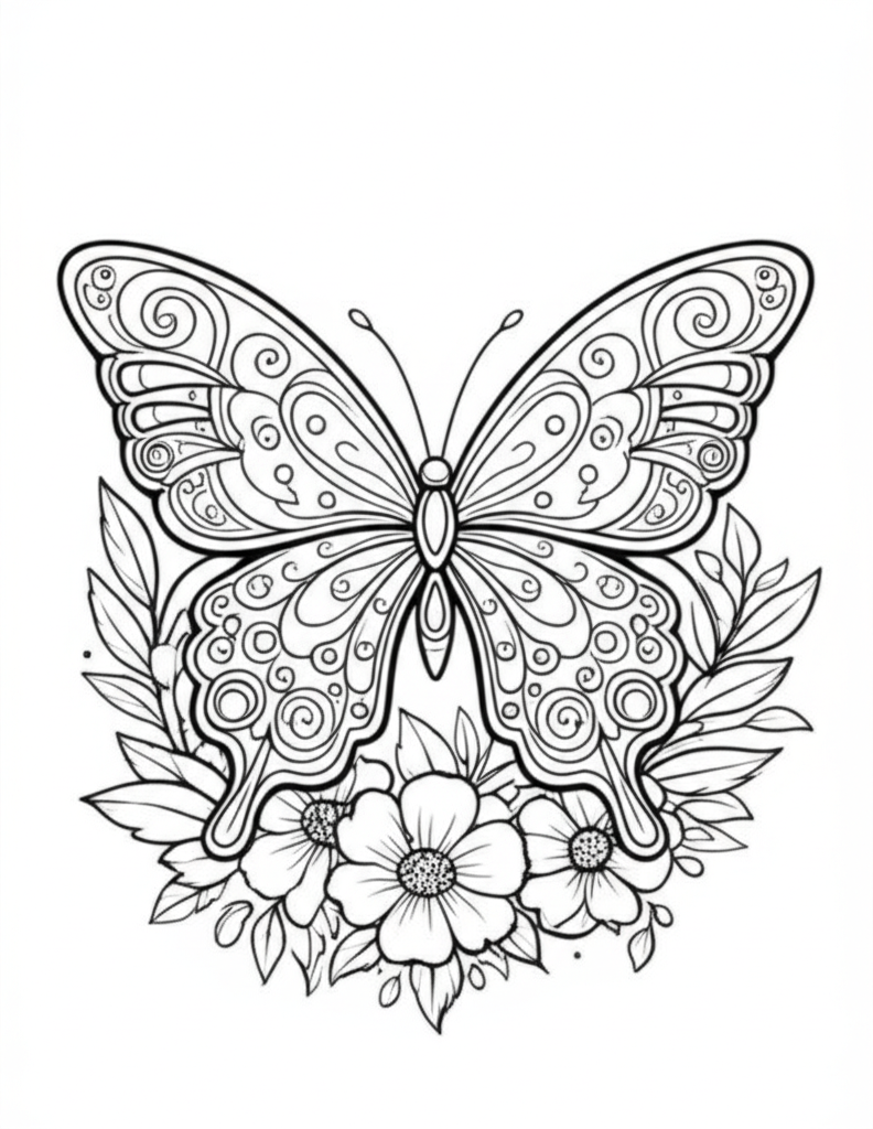 Detailed coloring page of a symmetrical butterfly with intricate patterns like swirls, dots, and veins, surrounded by flowers and leaves