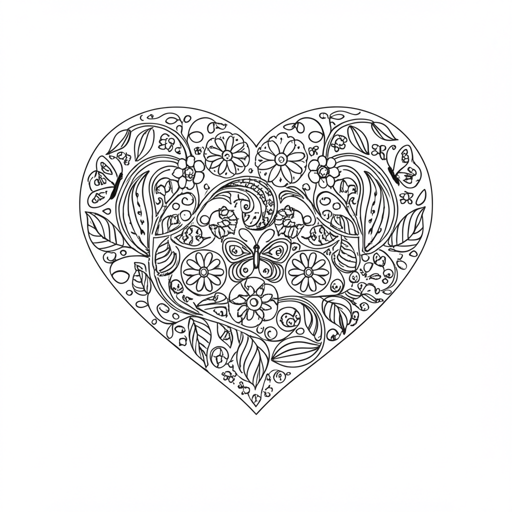 Detailed black and white heart-shaped coloring page with flowers, vines, and butterflies for adults