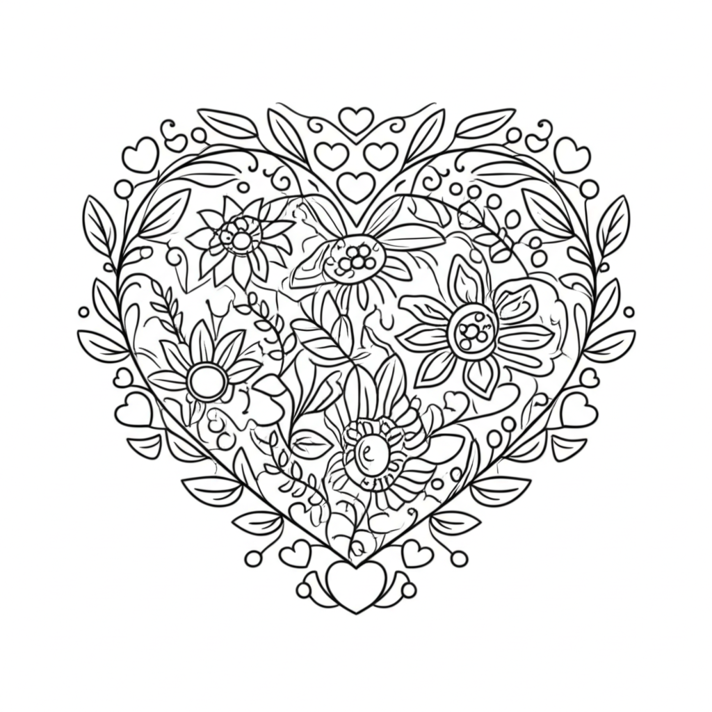 Detailed black and white line art of a symmetrical heart filled with floral and vine patterns, surrounded by small hearts and leaves for relaxation coloring