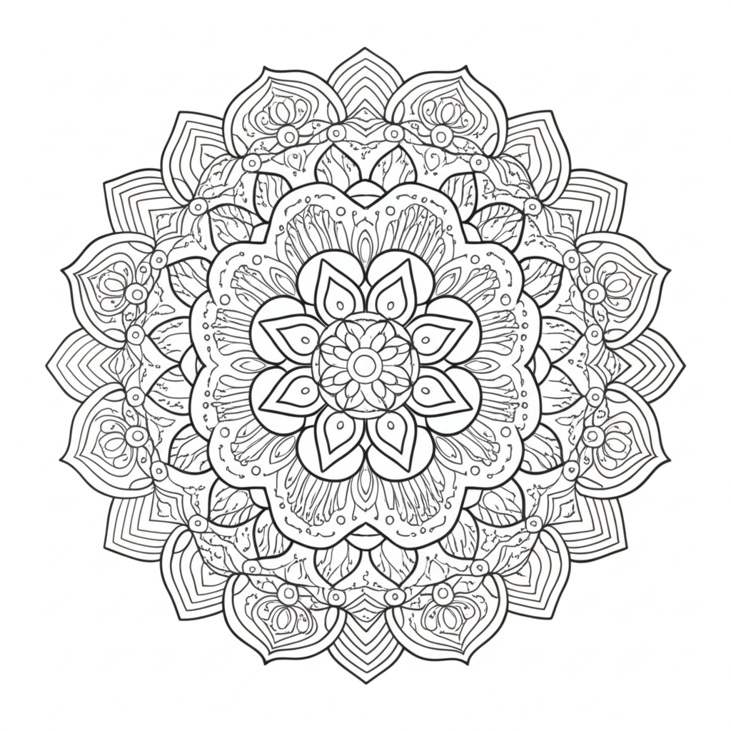 Detailed black-and-white mandala coloring page featuring floral and geometric designs, perfect for relaxation